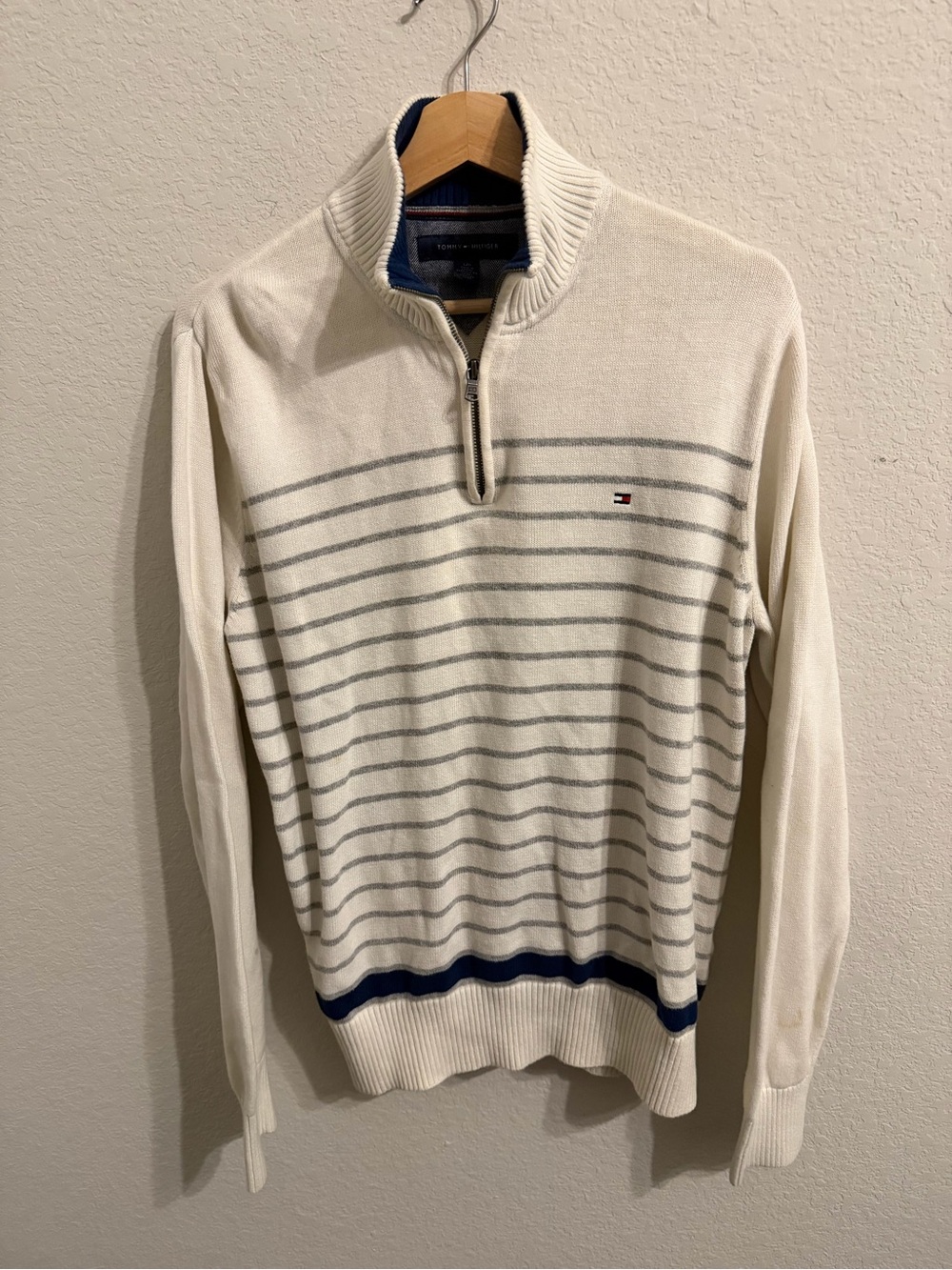 Tommy Hilfiger Cream Zip-Front Sweater with Navy & Gray Stripes